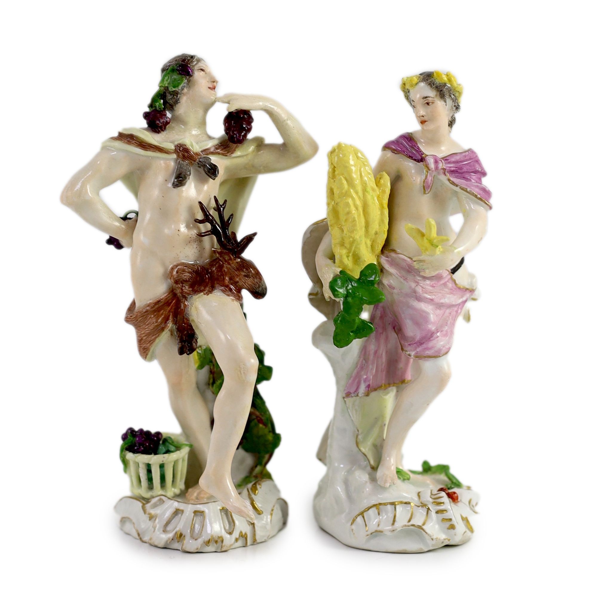 A Meissen figure of Bacchus, modelled by F Meyer and a similar figure a classical maiden holding a wheatsheaf, both mid 18th century, 14cm high, restorations (2)